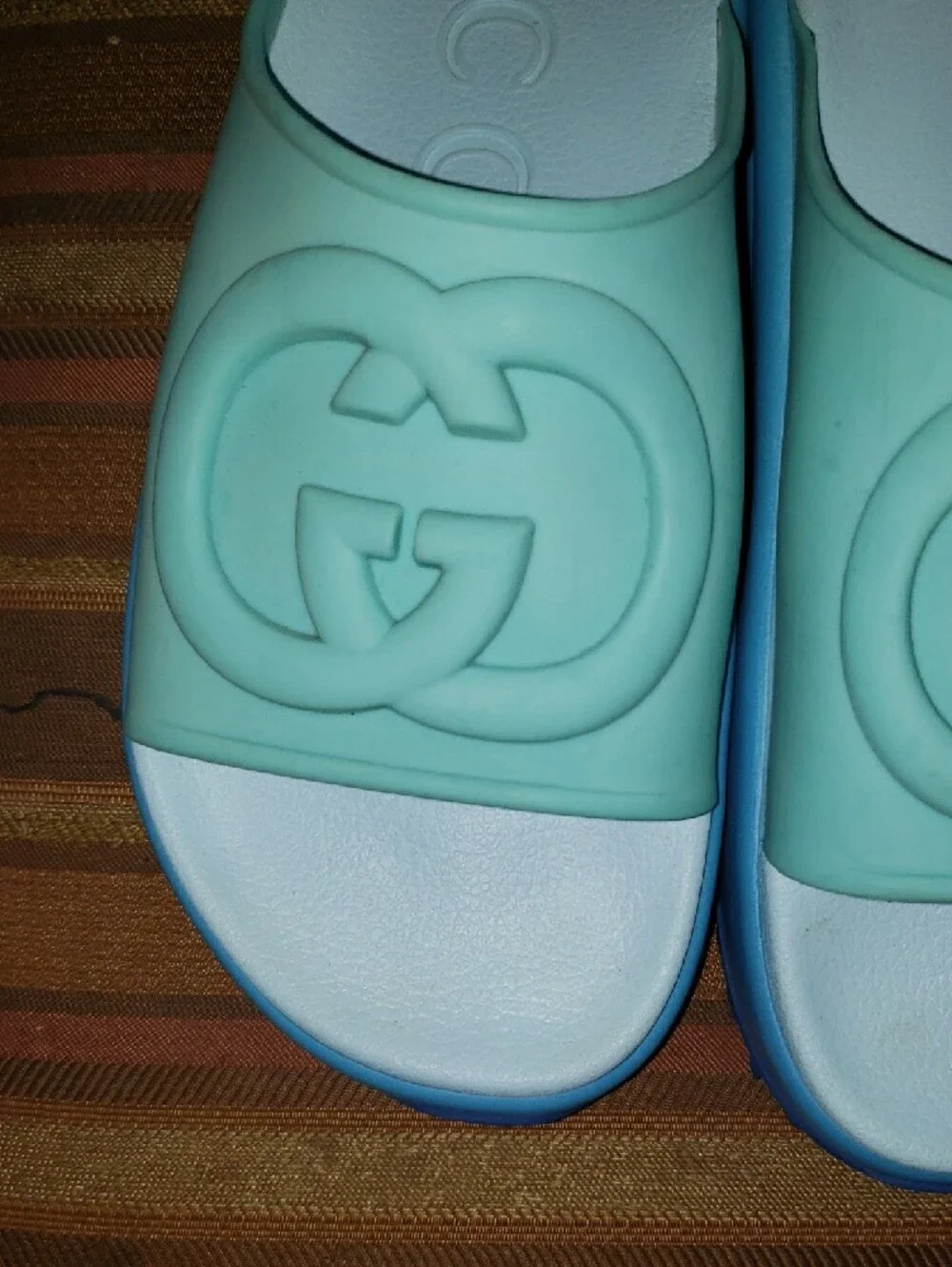 Gucci Teal and Light Blue Rubber Slide Sandals